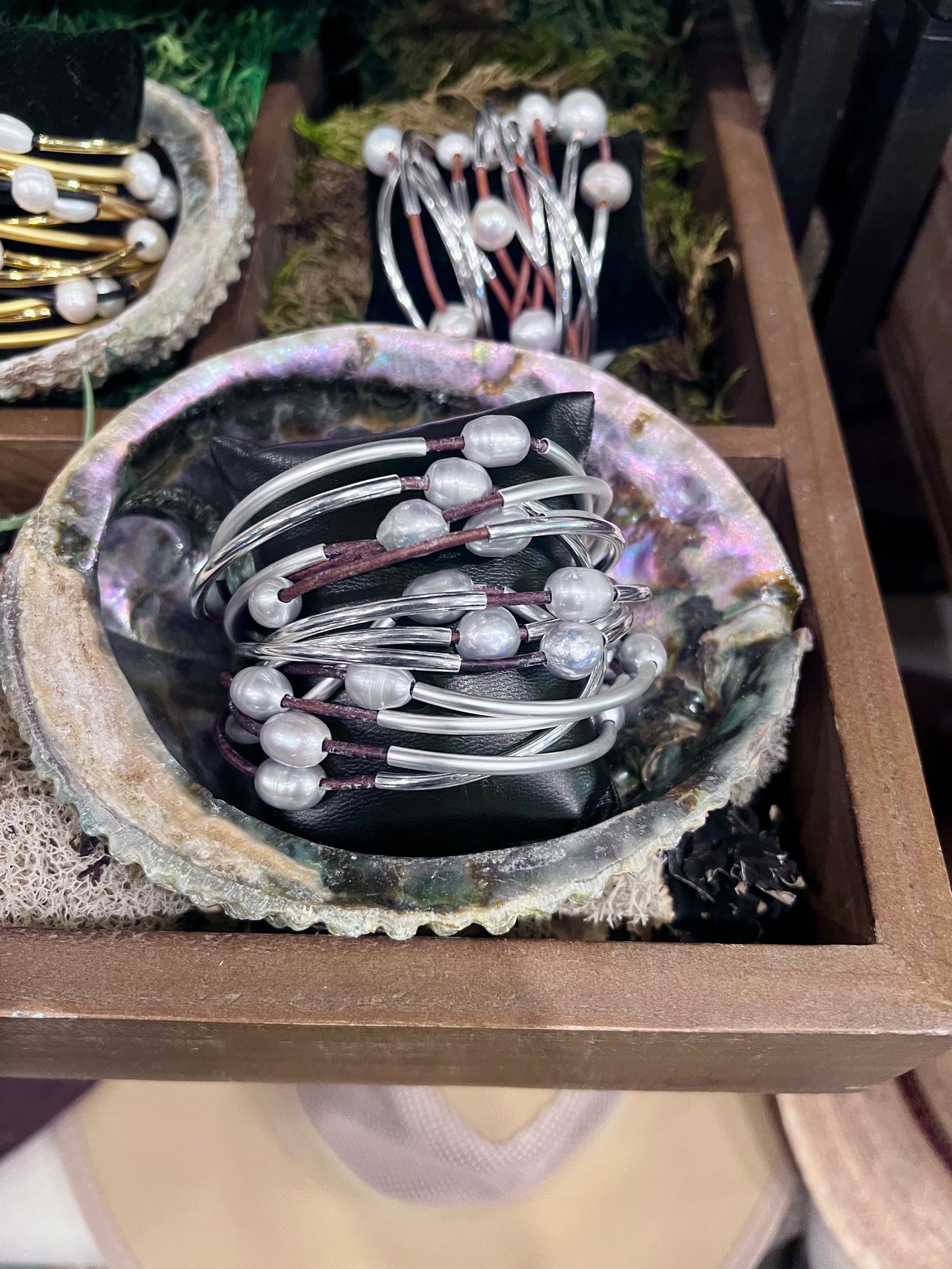 Silver Chunky Pearl Leather Bracelet