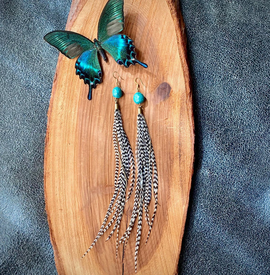 Turquoise & Long Feather Earrings - Grizzly, Boho Western