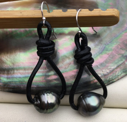 Big Green Black Real Tahitian Sea Pearl and Leather dangle Earrings- Real leather