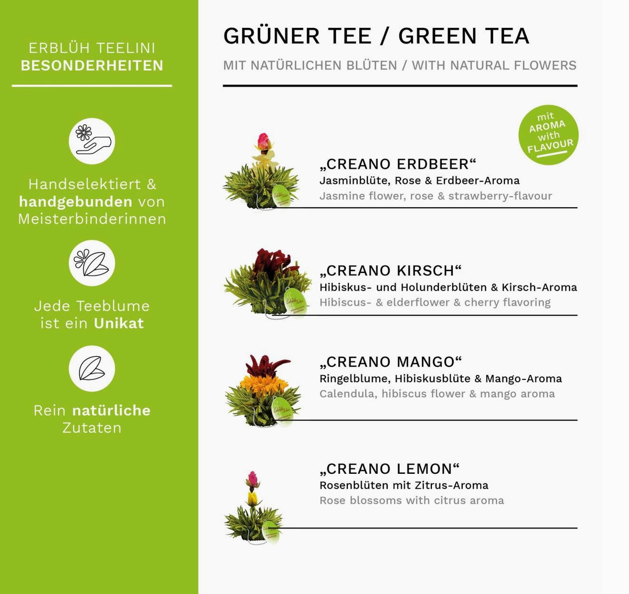 Creano “Erblühteelini” 8 Tea Flowers in 4 Varieties (Green Tea)