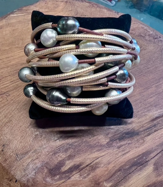 Gold Filled Chunky South Sea Pearl and Leather Bracelet